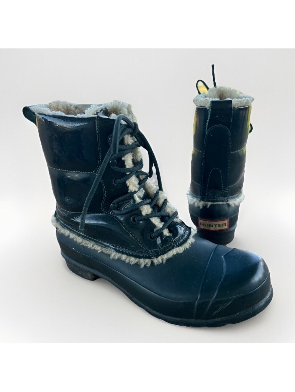 HUNTER Original Patent Leather Lace Up Shearling Lined Rain Boots Women’s 8